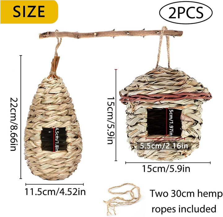 Gras Bird Nest, 2 Stück Handgewebtes Vogelnest aus Gras – Hängende Vogelhäuschen für Aussen & Käfig