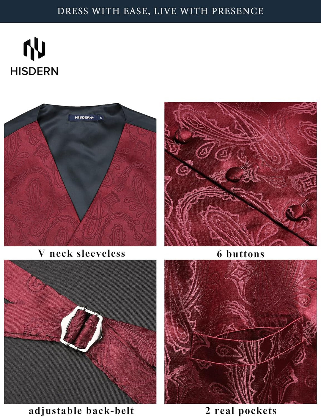 HISDERN Herren FLoral Hochzeit Weste Krawatte Einstecktuch Taschentuch Jacquard Weste Anzug Set L Bu