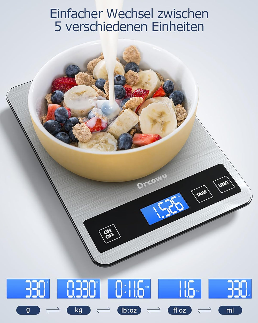 Küchenwaage Digitale 15 kg, Küchenwaage Digital Wasserdicht mit LCD-Anzeige, Multifunktions-Lebensmi