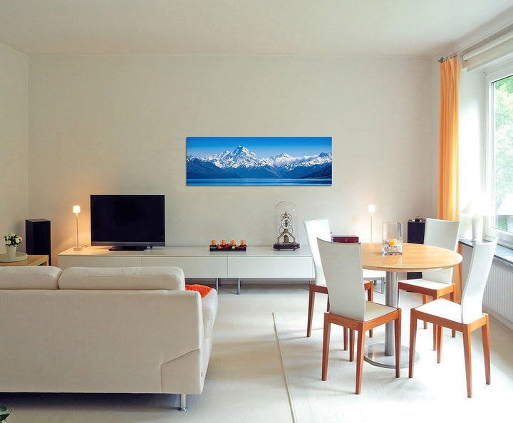 Paul Sinus Art Panoramabild auf Leinwand und Keilrahmen 120x40cm Neuseeland Gebirge Bergsee Schnee