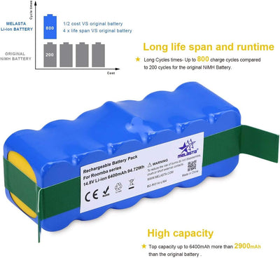 melasta 6400mAh Li-Ionen Ersatz Akku kompatible mit Roomba Staubsauger 500 600 700 800 Serie 510 520