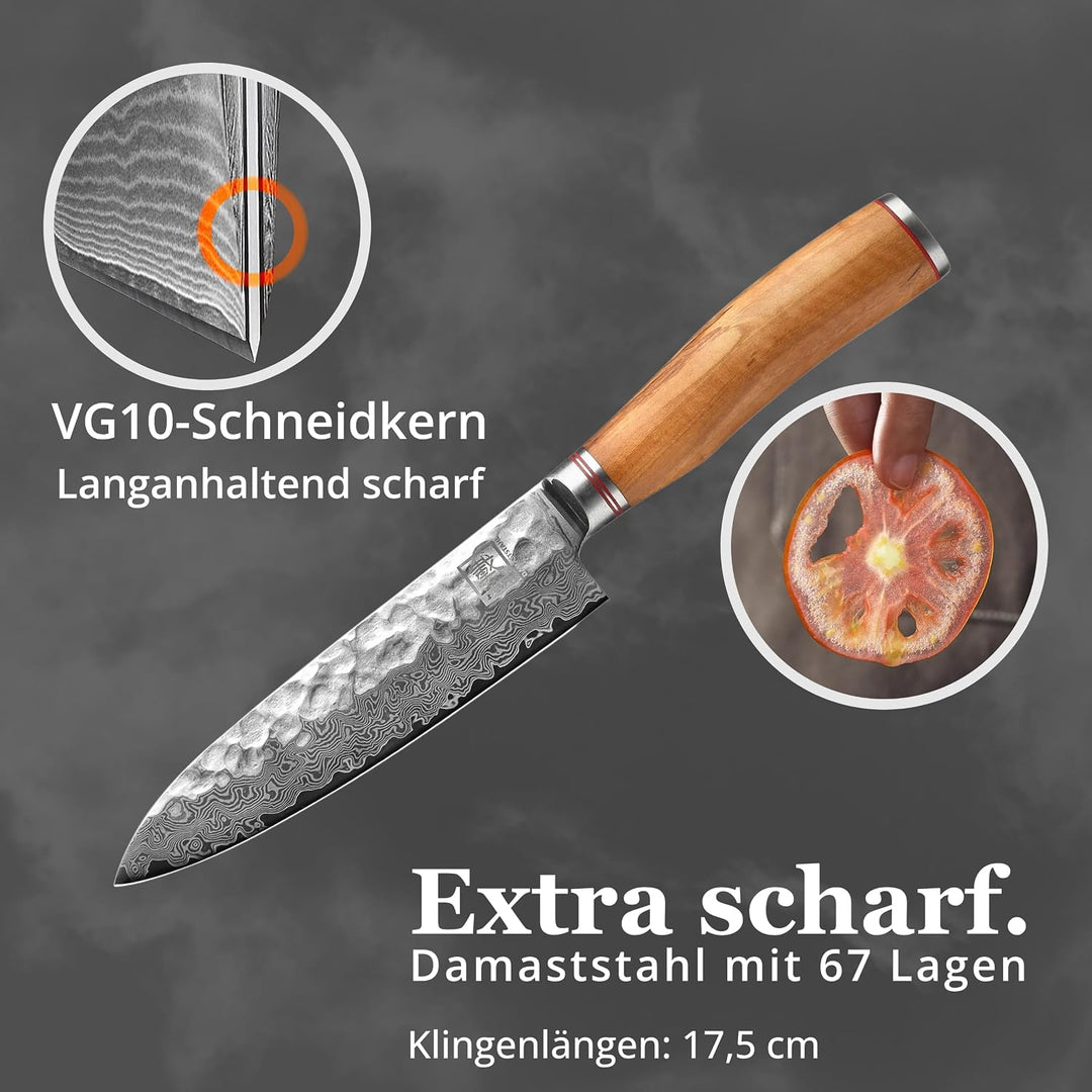 Zayiko Olive Damastmesser Santoku Messer 17,50cm Klinge extrem scharf aus 67 Lagen I Damast Küchenme