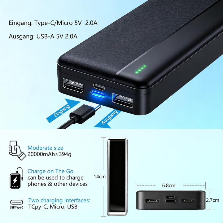 Ahigh 20000mAh Akku für Beheizte Weste, 5V 2A Externe Akku Powerbank für Heizweste, Jacke, Hose, Man