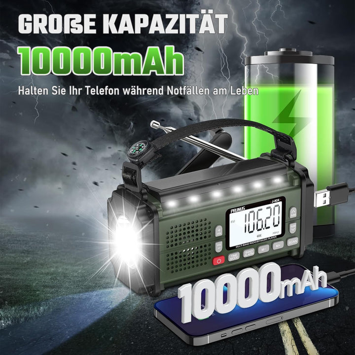 PRUNUS J-924S AM/FM/SW Kurbelradio Notfall Weltempfänger, Notfallradio mit 10000mAh Akku, Solar Radi