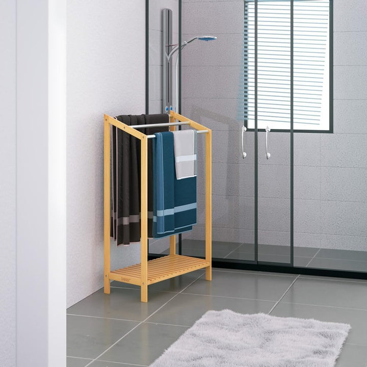CASARIA® Handtuchhalter Stehend Bambus Holz 3 Edelstahl Stangen 85 x 51 x 31 cm mit Ablage Handtuchs