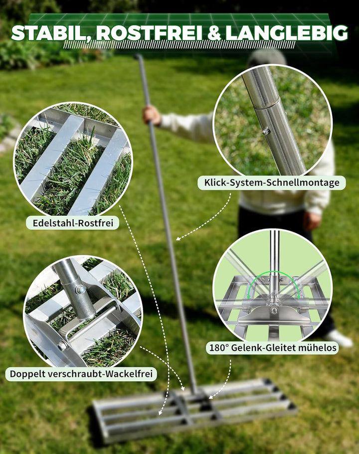 Rasenrakel 80x30 cm Rasenplanier-Rechen mit Verstellbarer Metallstiel (140-215cm) Rasenrechen zum Ra