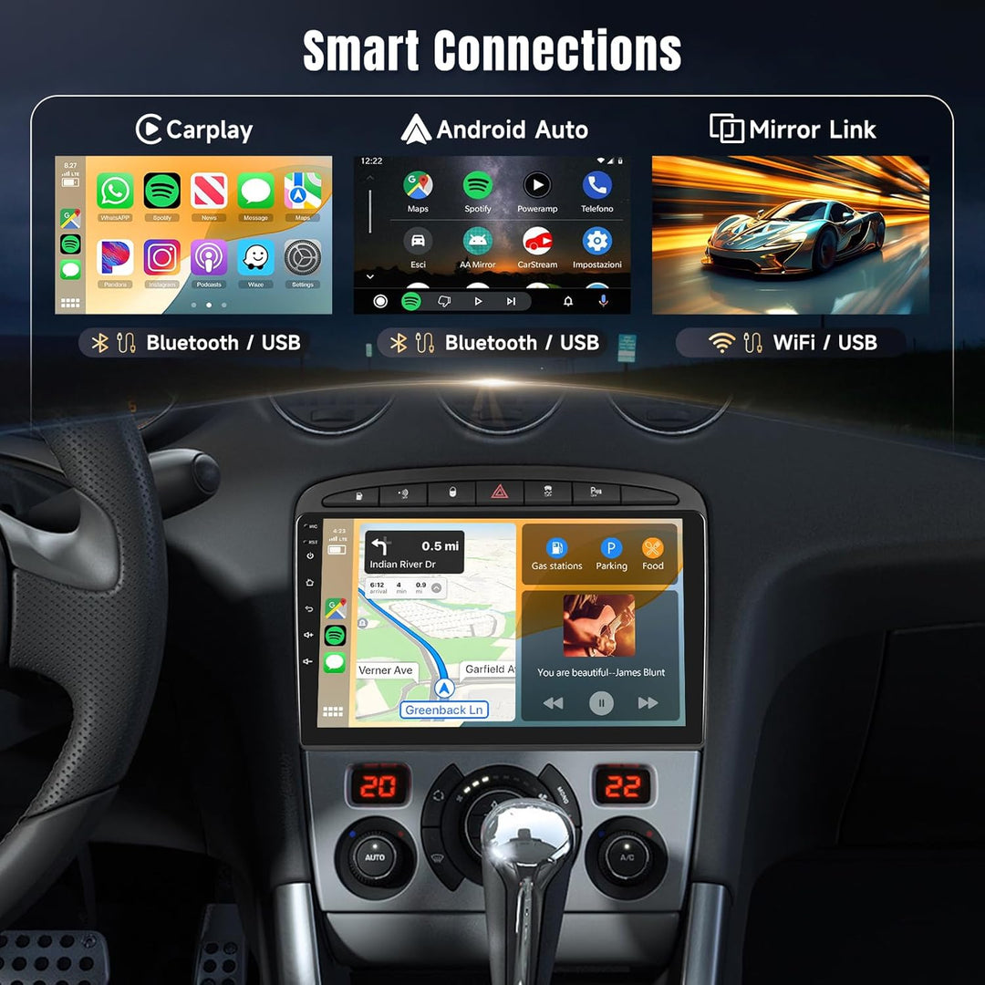 Podofo Carplay Autoradio Navi für Peugeot 308/408 2007-2013, Android 2G+64G HiFi, 9" Touchscreen And