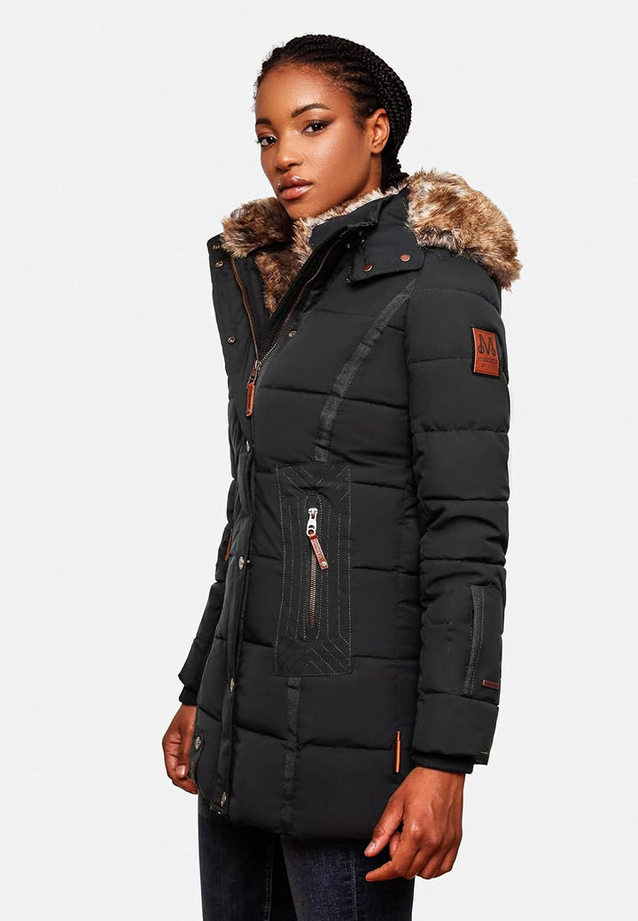 MARIKOO Damen Warmer Winter Steppmantel mit Kapuze Lieblings Jacke XS-XXL L Schwarz, L Schwarz