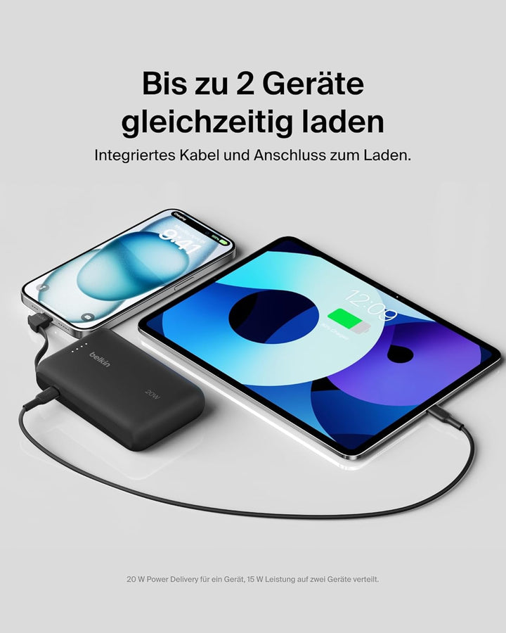Belkin BoostCharge Power Bank, Portable Powerbank 10000mAh mit integriertem Kabel, PD 20 W – USB-C P