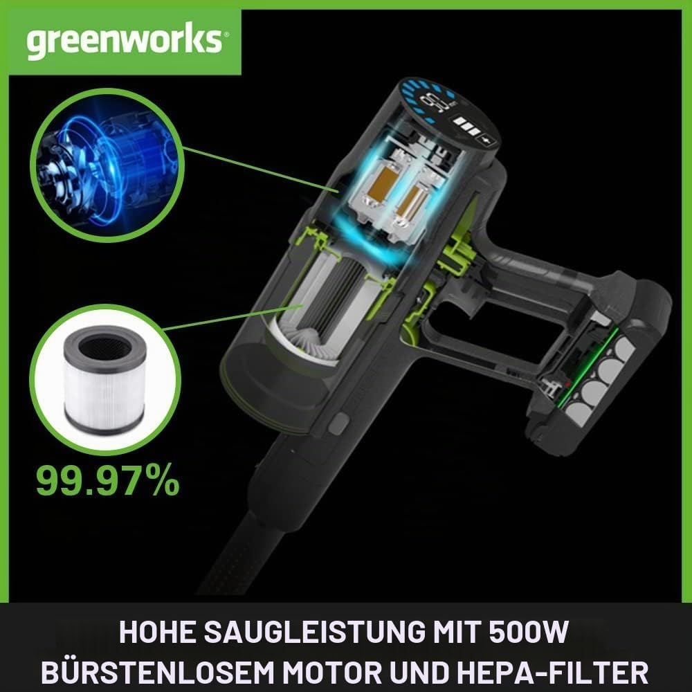 Greenworks Kabelloser Staubsauger, hohe Saugleistung, Hepa-Filter, Tierhaaraufsatz, 3 Leistungsstufe