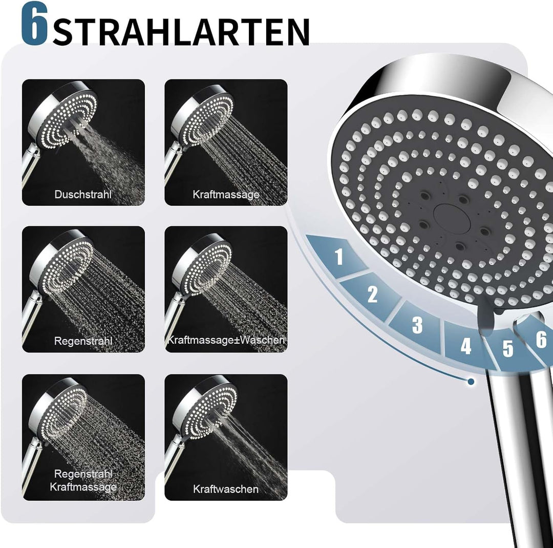 OFFO Duschkopf mit Schlauch 1,6m mit Verdrehschutz, Handbrause mit Filter 6 Strahlarten, Duschkopf G