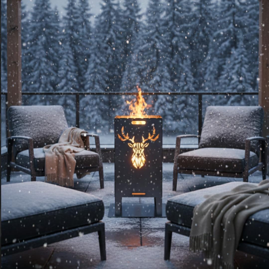 Feuertonne Hirsch & Löwe - Massive Feuerkorb Feuerschale aus Stahl Outdoor Firepit mit Motiv Stabil,