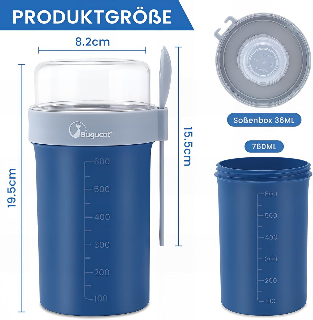 Bugucat Müslibecher to Go 2er Set, Joghurtbecher to Go 760ml+230ml mit Dressing Behälter Müsli to go