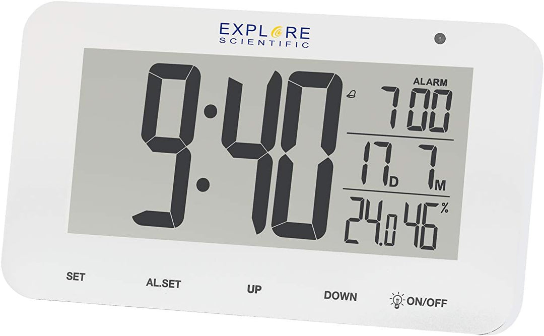 Explore Scientific RDC1004 Tischuhr mit LED-Hintergrundbeleuchtung, weiss, Alarm & Snooze, weiss, mi