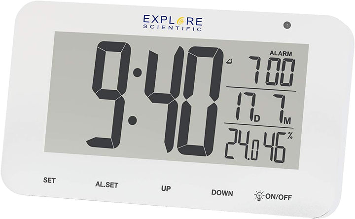 Explore Scientific RDC1004 Tischuhr mit LED-Hintergrundbeleuchtung, weiss, Alarm & Snooze, weiss, mi