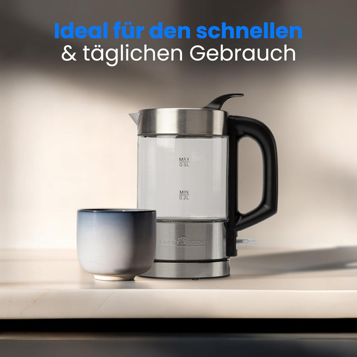 ProfiCook Wasserkocher Edelstahl beleuchtet, 0,5 Liter Mini Wasserkocher mit blauer Beleuchtung, Tee
