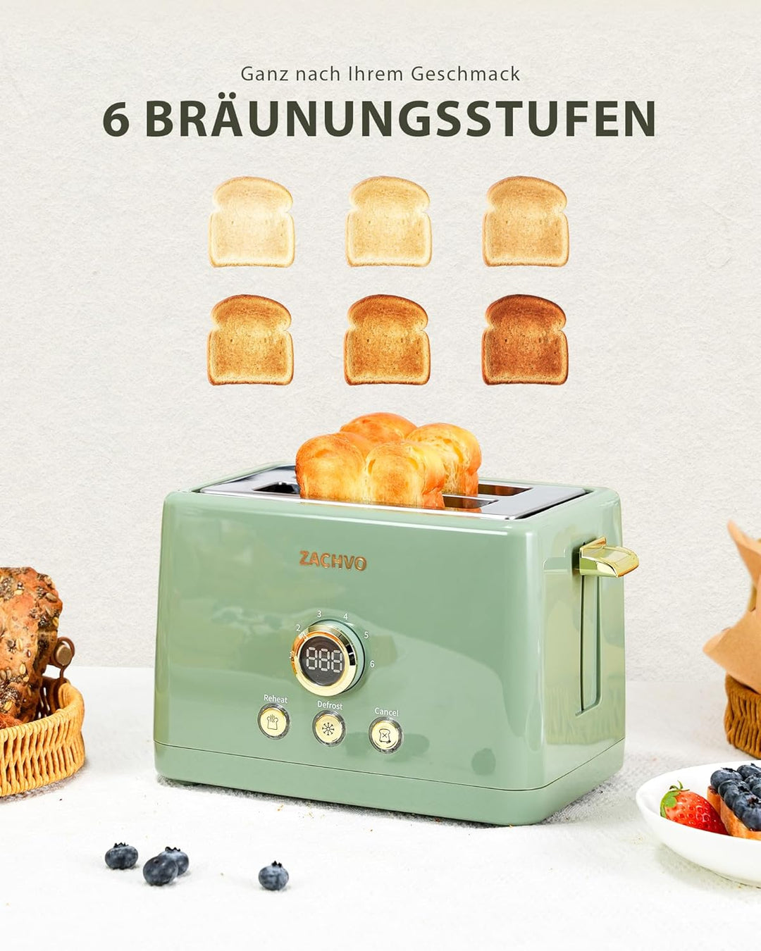 Toaster 2 Scheiben - ZACHVO Toaster mit Brötchenaufsatz, 6 Bräunungsstufe - 850W Toaster mit Herausn