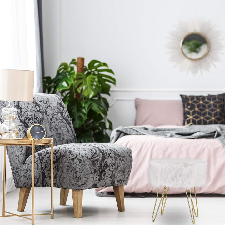 Relaxdays Fellhocker, Kunstfell, Metallgestell, rund, flauschig, eleganter Schminktischhocker, HxD 4