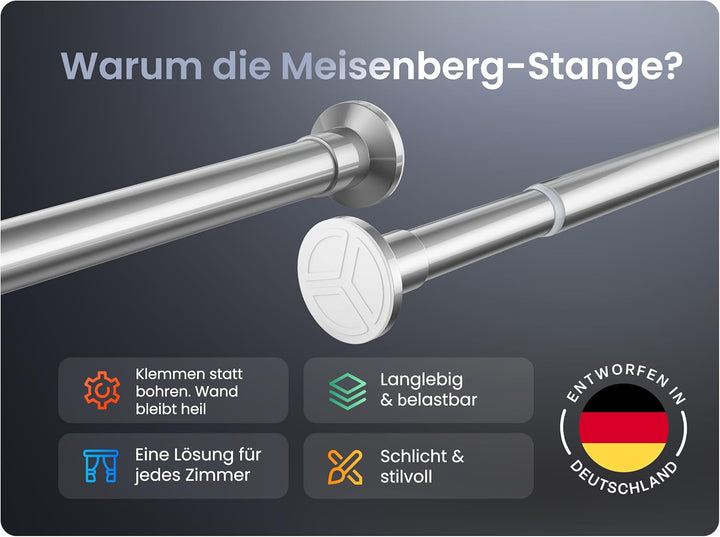 MEISENBERG Vorhangstange ohne Bohren 50-80cm Ø25mm - Gardinenstange zum Klemmen - Edelstahl - Spanns