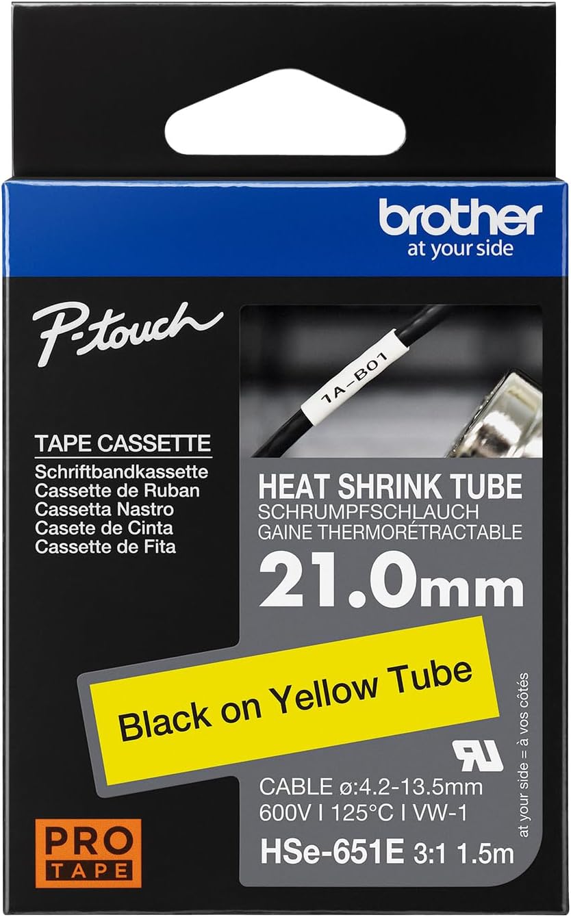 Brother Original Pro Tape HSe-651E Schrumpfschlauch – schwarz auf gelb