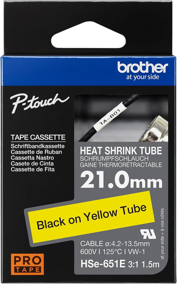 Brother Original Pro Tape HSe-651E Schrumpfschlauch – schwarz auf gelb