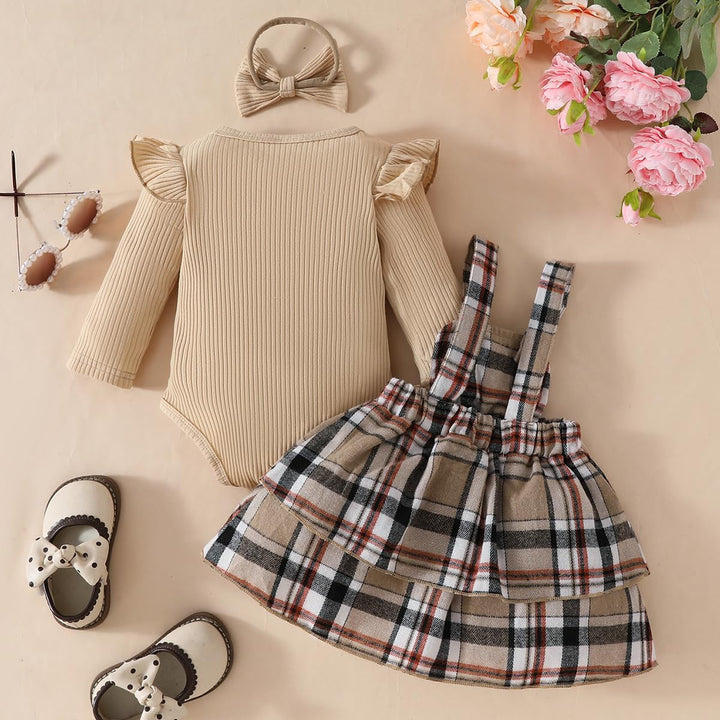 Neugeborenes Baby Mädchen Röcke Sets Rüschen Top + Plaid/Dots/Bowknot Overalls Hosenträger Kleid + S