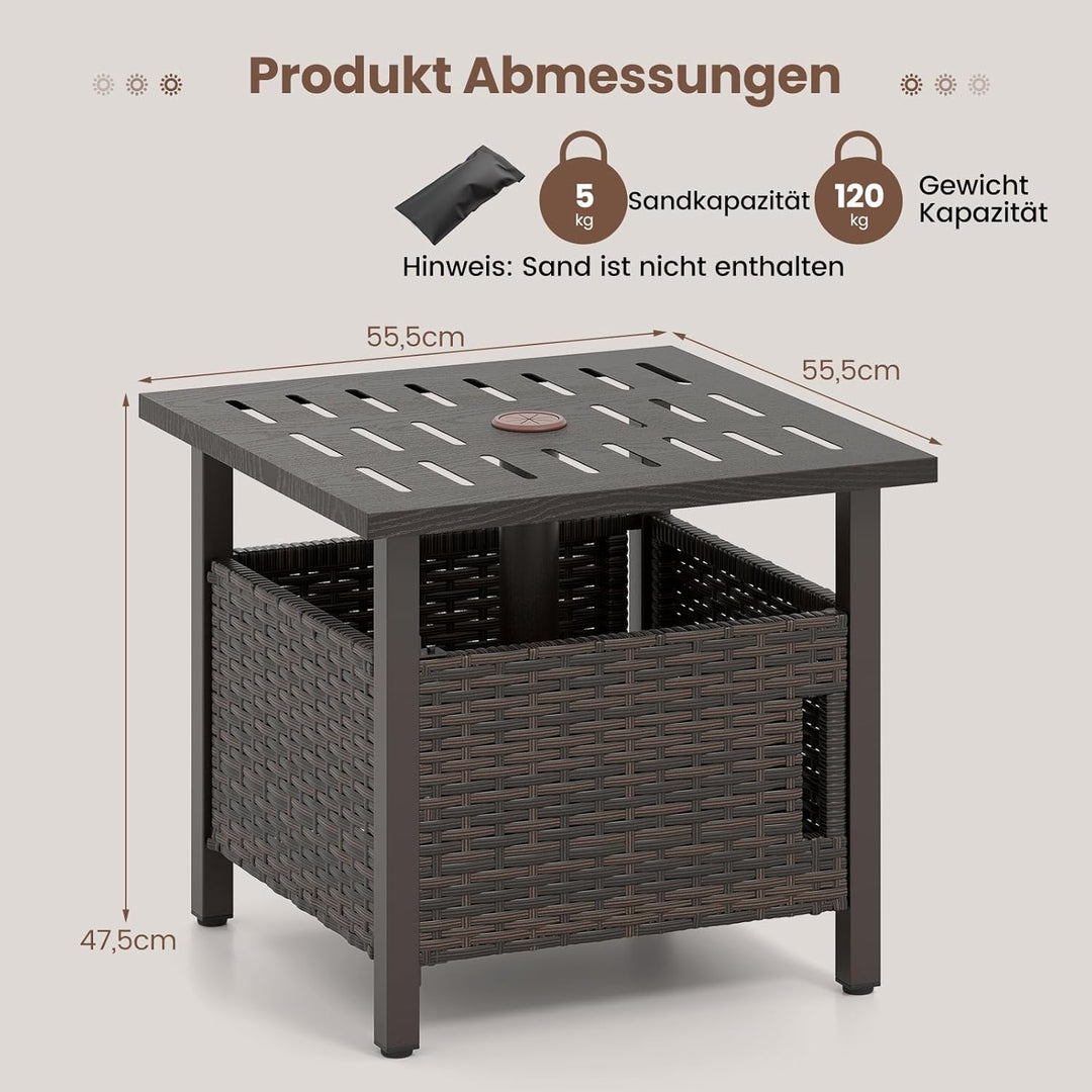 COSTWAY Beistelltisch Outdoor wetterfest, Rattan Gartentisch mit Schirmloch und 2 Sandsäcken, Kleine