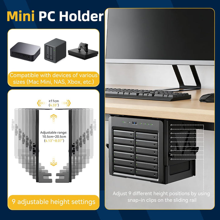 Untertisch-Halterung für Mini-PC, NAS – Höhen- & Breitenverstellbarer PC Halter unter Schreibtisch,