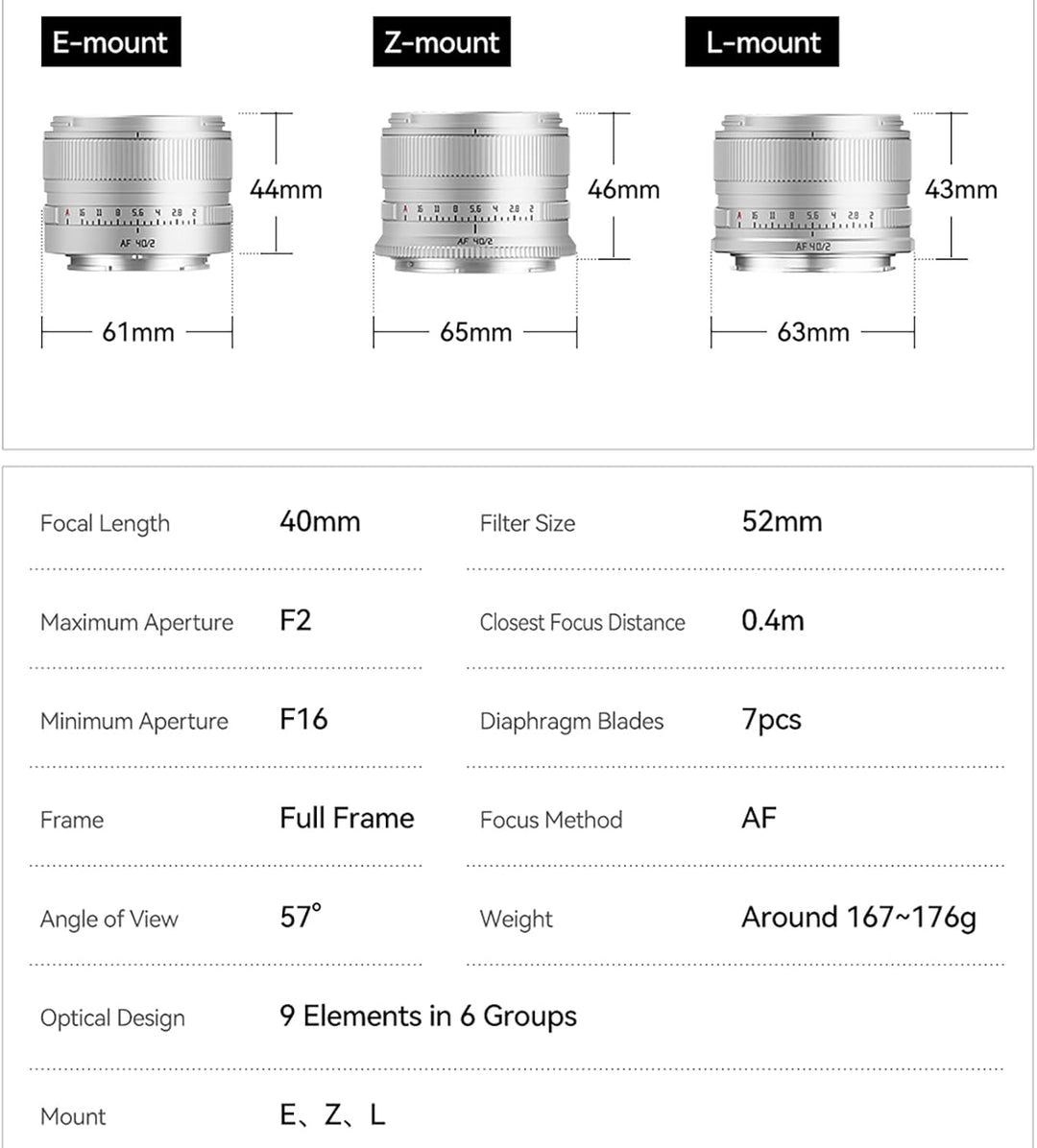 TTARTISAN AF 40 mm f/2 Silber für E-Mount, Vollformat 40 mm f2 Prime Objektive für FE-Mount (E, Silb