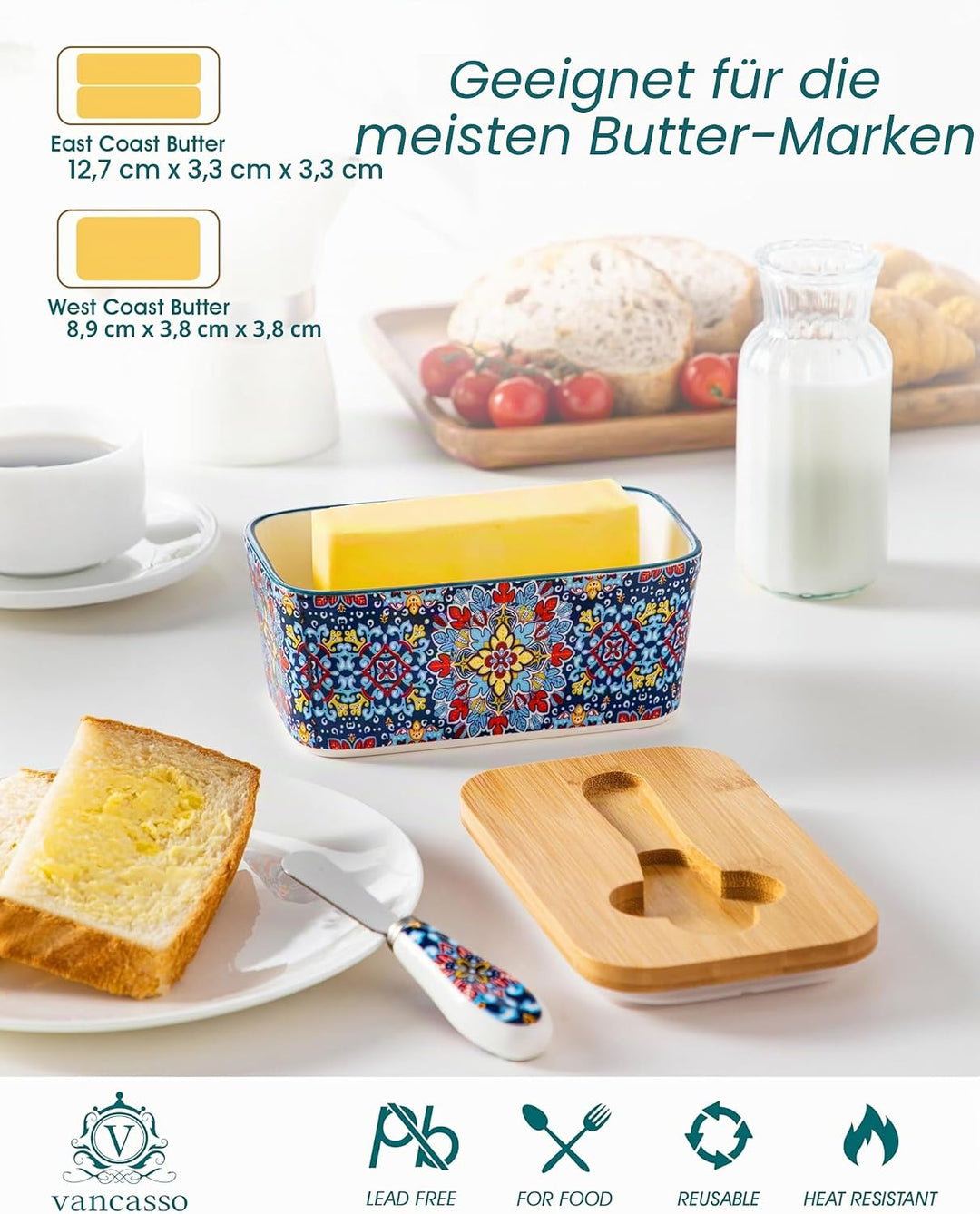 vancasso SIMI Butterdose, Hochwertige Butterglocke, Butterdose Keramik mit Messer und Holzdeckel, Bö