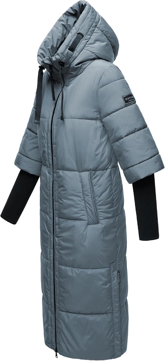 Navahoo Damen Wintermantel Warmer Steppmantel lang mit Kapuze und Rippstrickärmeln Ciao MIAU XIV XS-