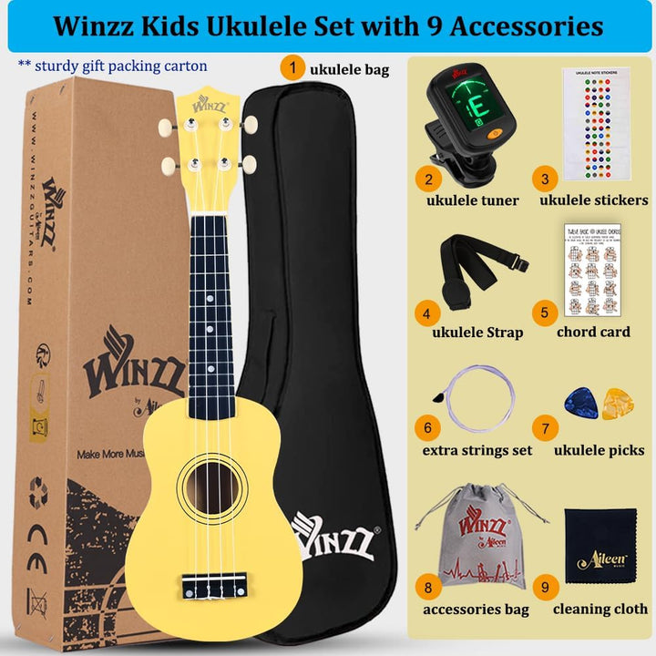 Winzz Sopran Ukulele Starter Kit für Anfänger mit Tasche, Clip-On Tuner, Zusätzlichen Saiten, Gurt,