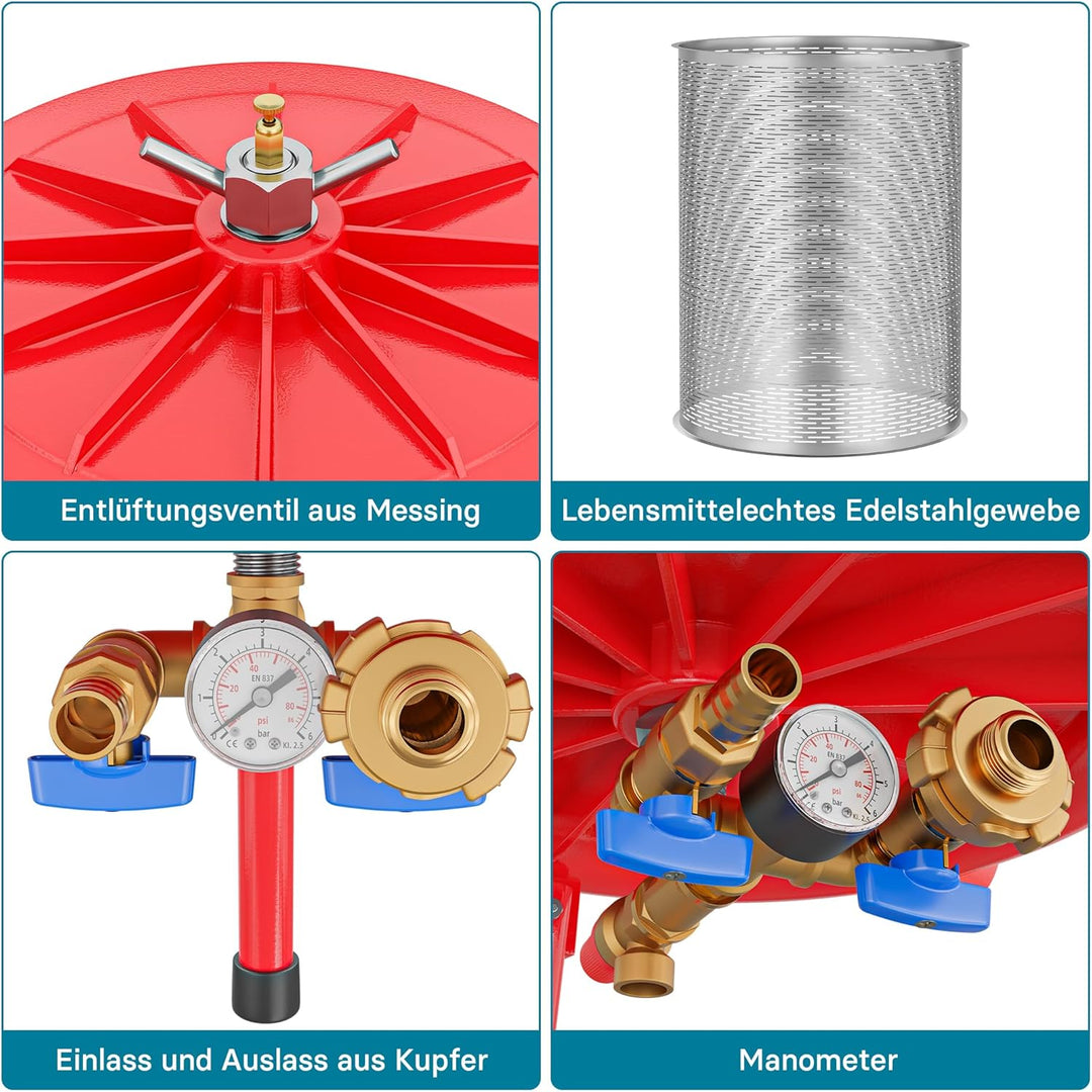 Wiltec Edelstahl Hydropresse mit 20 Liter Korbinhalt, Wasserdruckpresse mit 3 bar zum Pressen von Ob