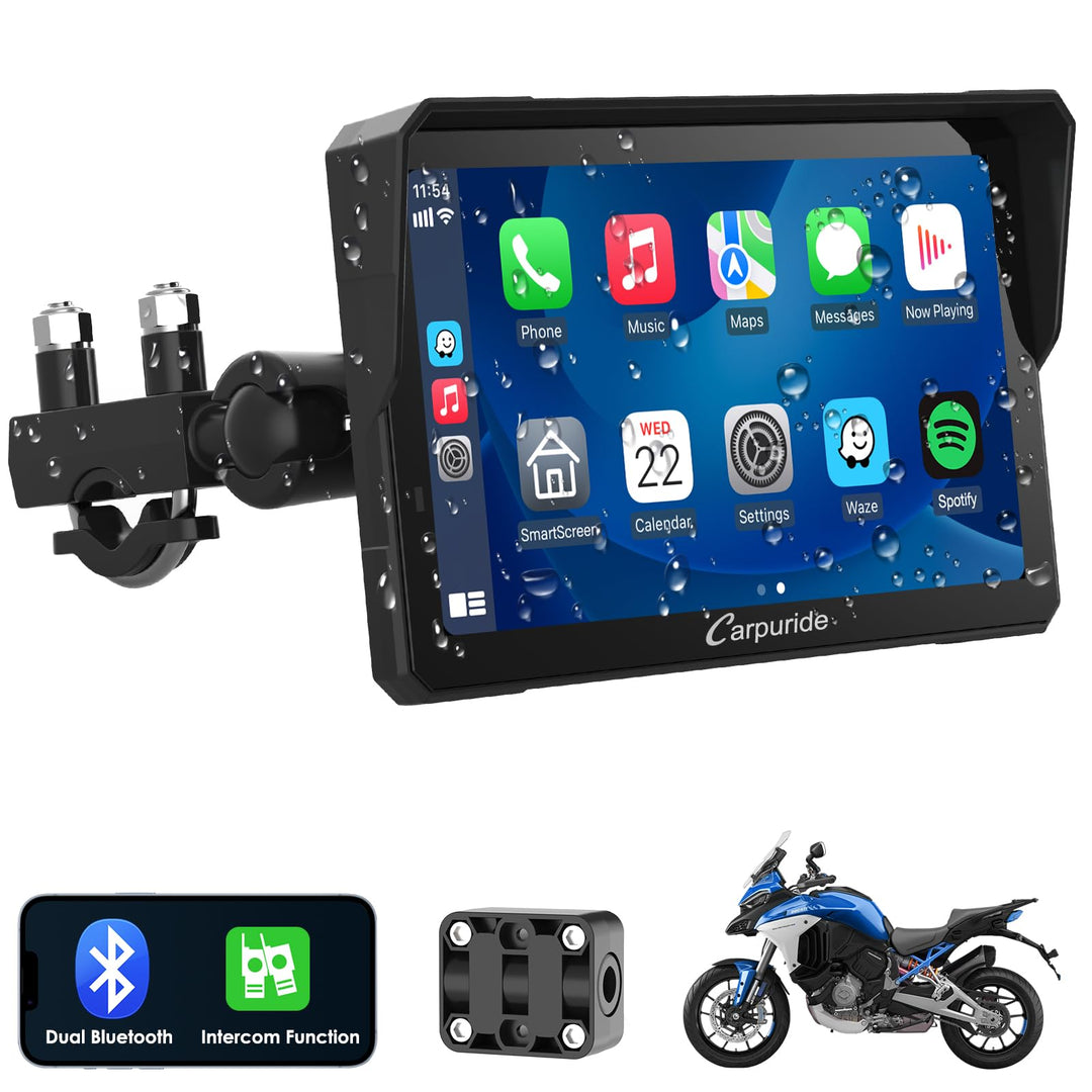 Carpuride W702 Pro Motorrad Carplay Bildschirm mit Gegensprechfunktion, Kabellos CarPlay und Android