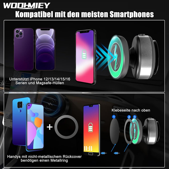 15W Wireless Charger Handyhalterung Auto – Magnetisch mit Elektrischem Vakuum-Saugfuss, 360° Kugelge