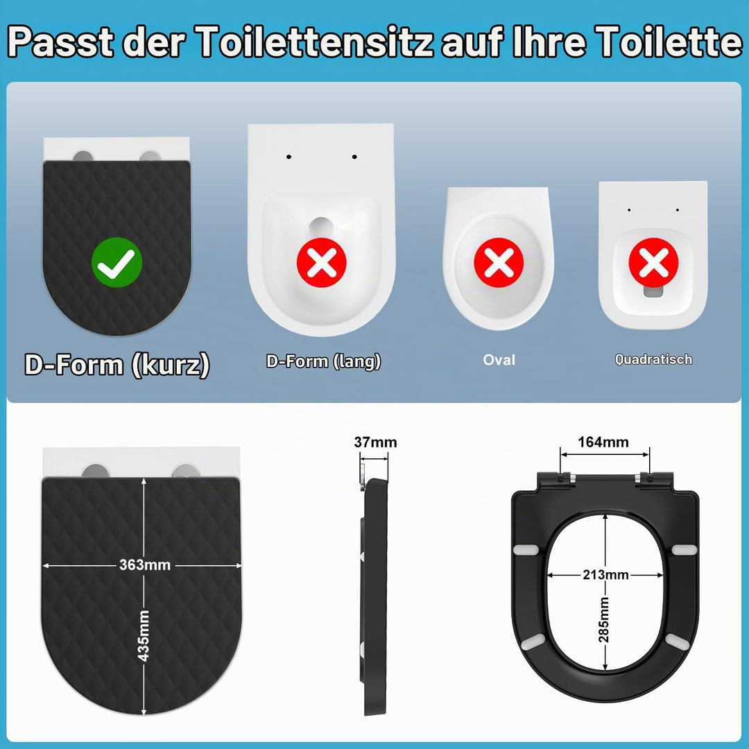 YEAUPE PRO Toilettendeckel mit Absenkautomatik D Form [KURZ] - 43,5×36,2 cm | WC Sitz mit Schnellver