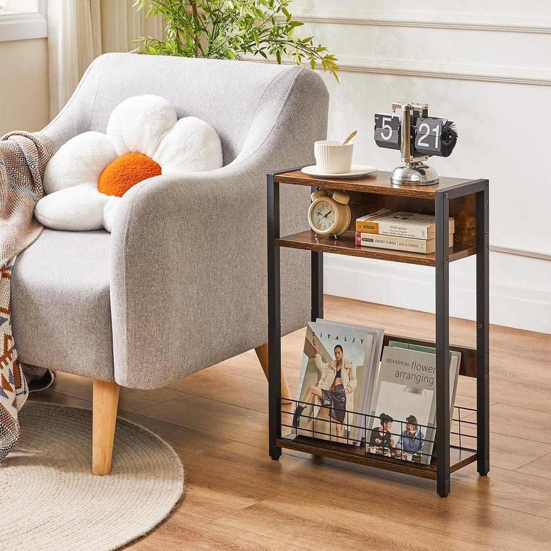 IBUYKE Kleiner Beistelltisch mit Zeitschriftenhalter,3 Etagen,Schmaler Beistelltisch mit Lagerregal,