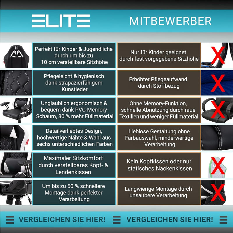 ELITE Gaming Stuhl Pulse für Kinder | Ergonomischer Bürostuhl - Schreibtischstuhl - Chefsessel - Ses