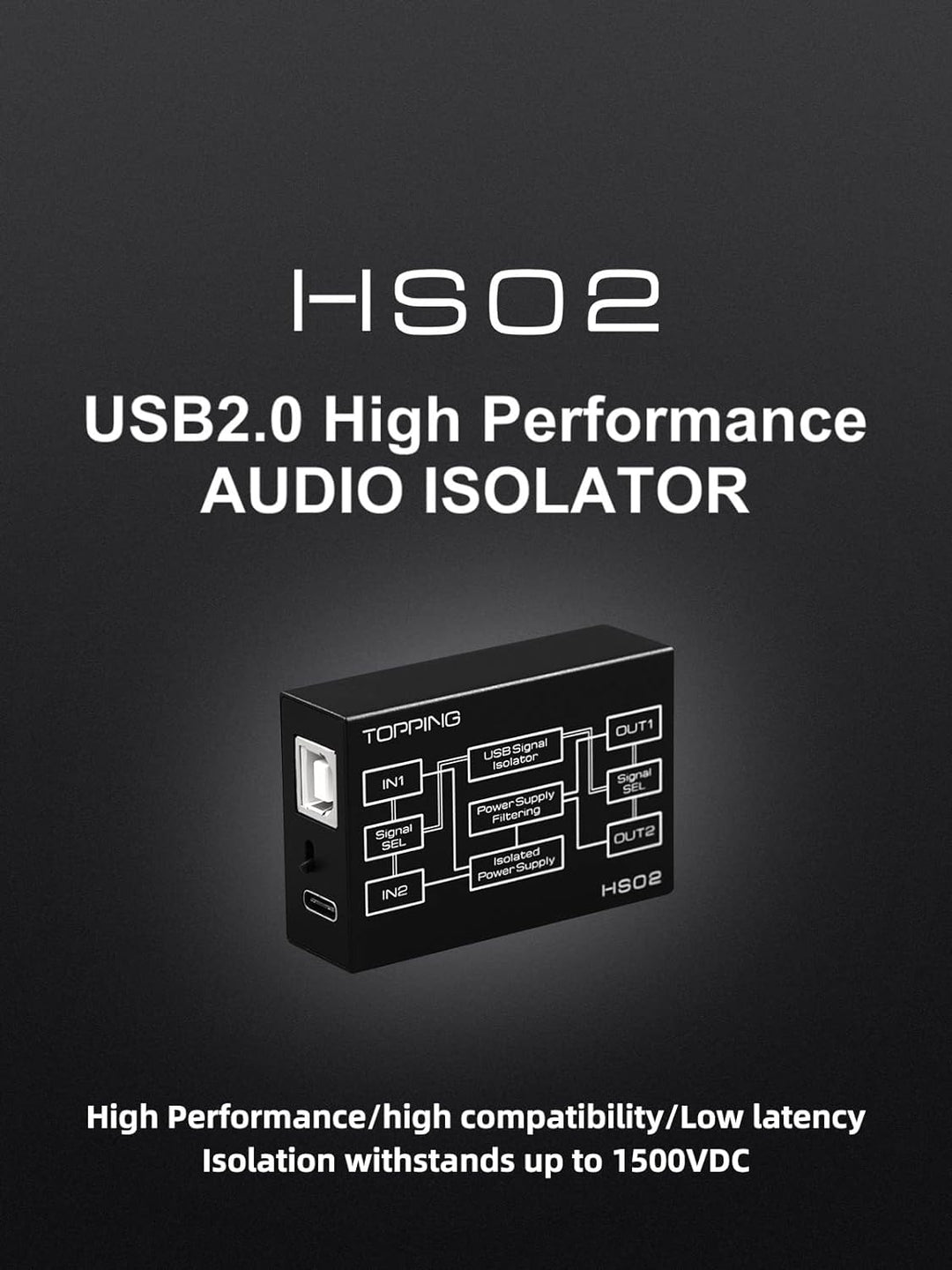 Topping HS02 USB 2.0 Hochleistungs-Audio-Isolator mit USB-B und Typ-C-Eingang, kompatibel mit PCM32b