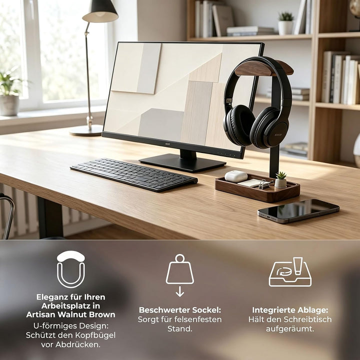 Kopfhörer Ständer für Schreibtisch - Aus massivem Holz und Aluminium, Gaming Headset Ständer mit Tab
