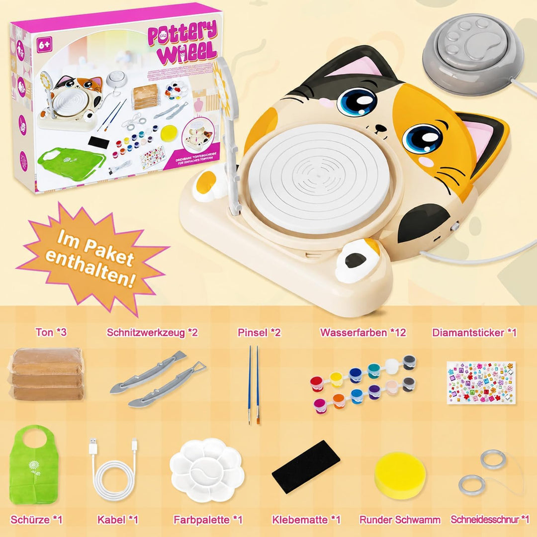 Töpferscheibe für Kinder – Komplettes Töpferstudio Set für Anfänger, Bastelset ab 8-12 Jahren mit 3x