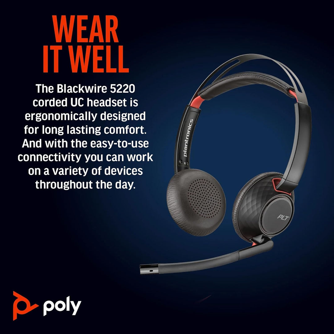 Plantronics Poly Blackwire 5220 Stereo-USB-C-Headset + 3,5-mm-Stecker + USB-C/A-Adapter