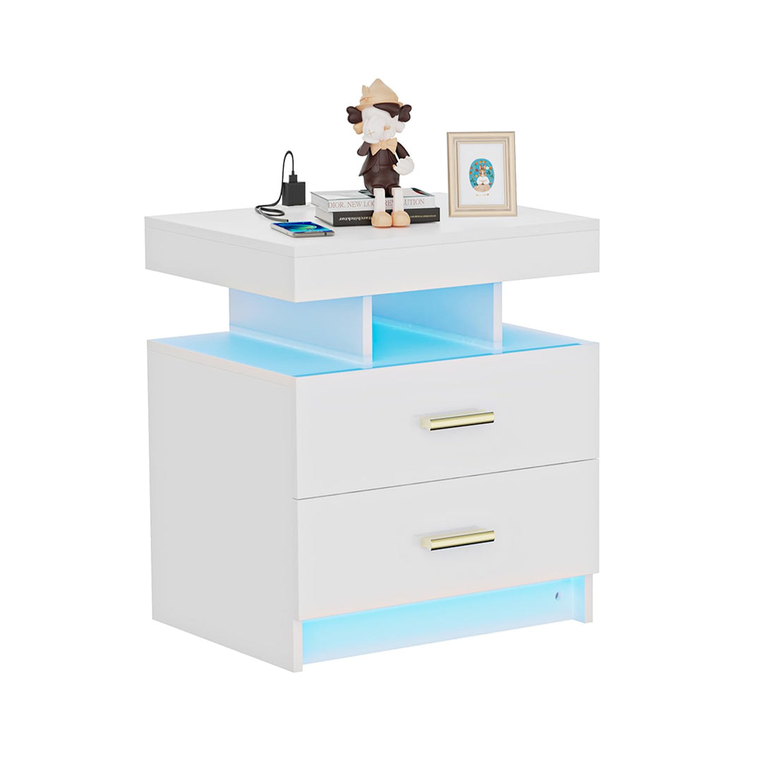 PIPIPOXER Nachttisch mit LED, Nachtschrank mit Steckdose und Ladefunktion, Beistelltisch mit 2 Schub