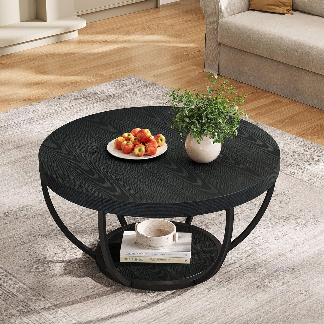 Tribesigns Couchtisch rund Ø80 cm, Industrial 2-Tier-Kreis Couchtisch mit Stauraum, Holztisch Akzent