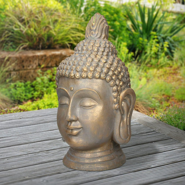ECD Germany Buddha Figur Kopf Statue 74,5 cm, aus Polyresin, Bronzeoptik, für Yoga, Feng Shui oder M