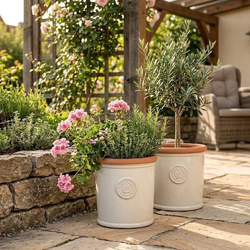 Pflanzgefäss Blumentopf Übertopf Krone Steinzeug glasiert Weiss Grau Türkis 34cm 45cm absolut Frostf