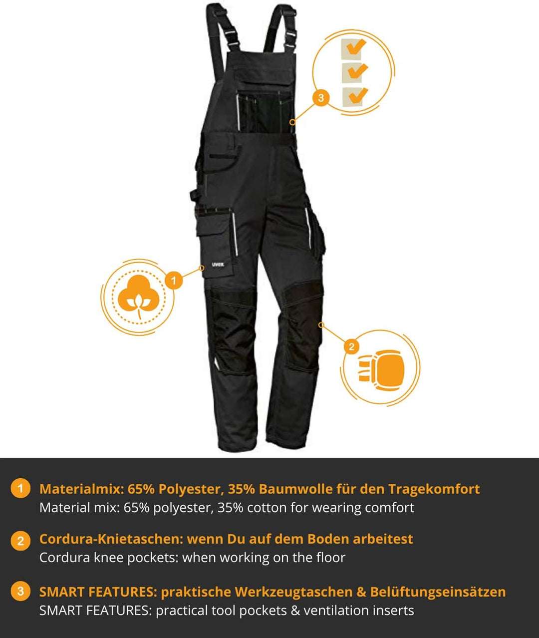 Uvex Tune-up Lange Herren-Arbeitshose - Lange Latzhose mit Knietaschen 42 Schwarz, 42 Schwarz