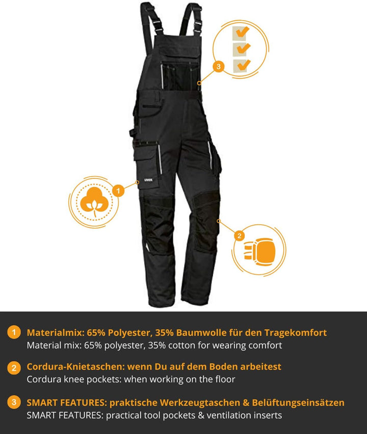 Uvex Tune-up Lange Herren-Arbeitshose - Lange Latzhose mit Knietaschen 42 Schwarz, 42 Schwarz