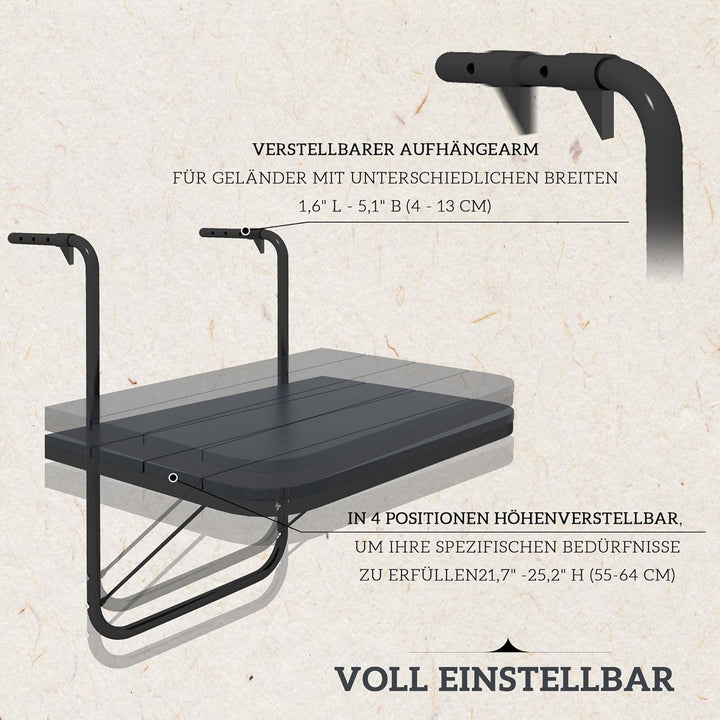 Outsunny Balkontisch zum Einhängen, Balkonhängetisch klappbar, 4-Fach höhenverstellbarer Klapptisch,