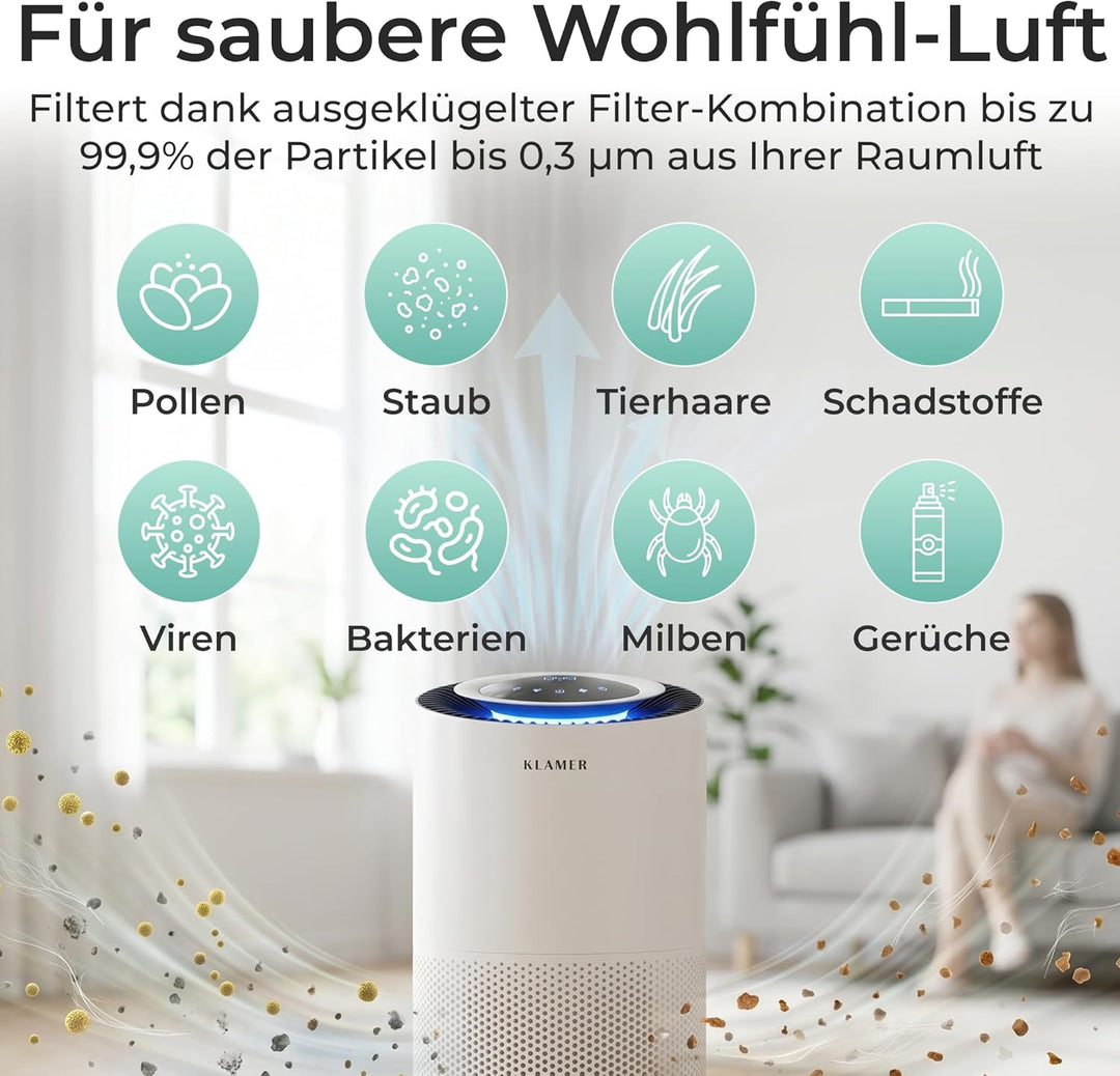 KLAMER Luftreiniger 600i mit HEPA Filter, CADR Spitzenleistung von 450 m³/h, für Räume bis 55m², ent